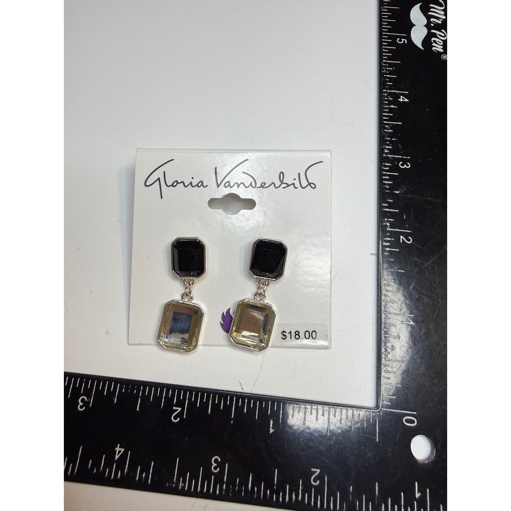 Gloria Vanderbilt Silver Tone Black and Clear Crystal Emerald Cut Drop Earrings